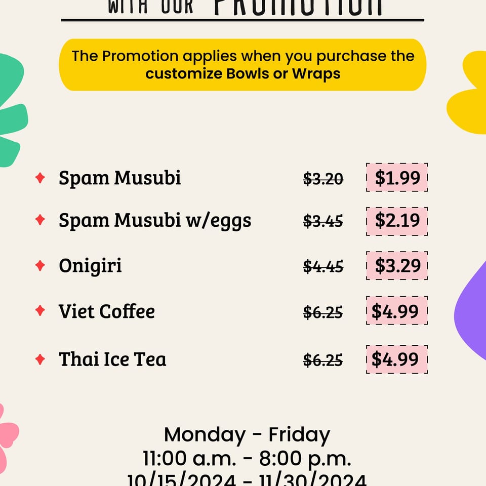 Sunfish Poke Bar promotion menu with discounted Spam Musubi, Onigiri, Viet Coffee, and Thai Ice Tea.