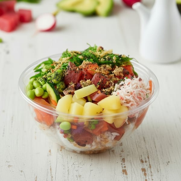 A vibrant Sunfish Poke Bar poke bowl with tuna, pineapple, edamame, and crab on white wood.